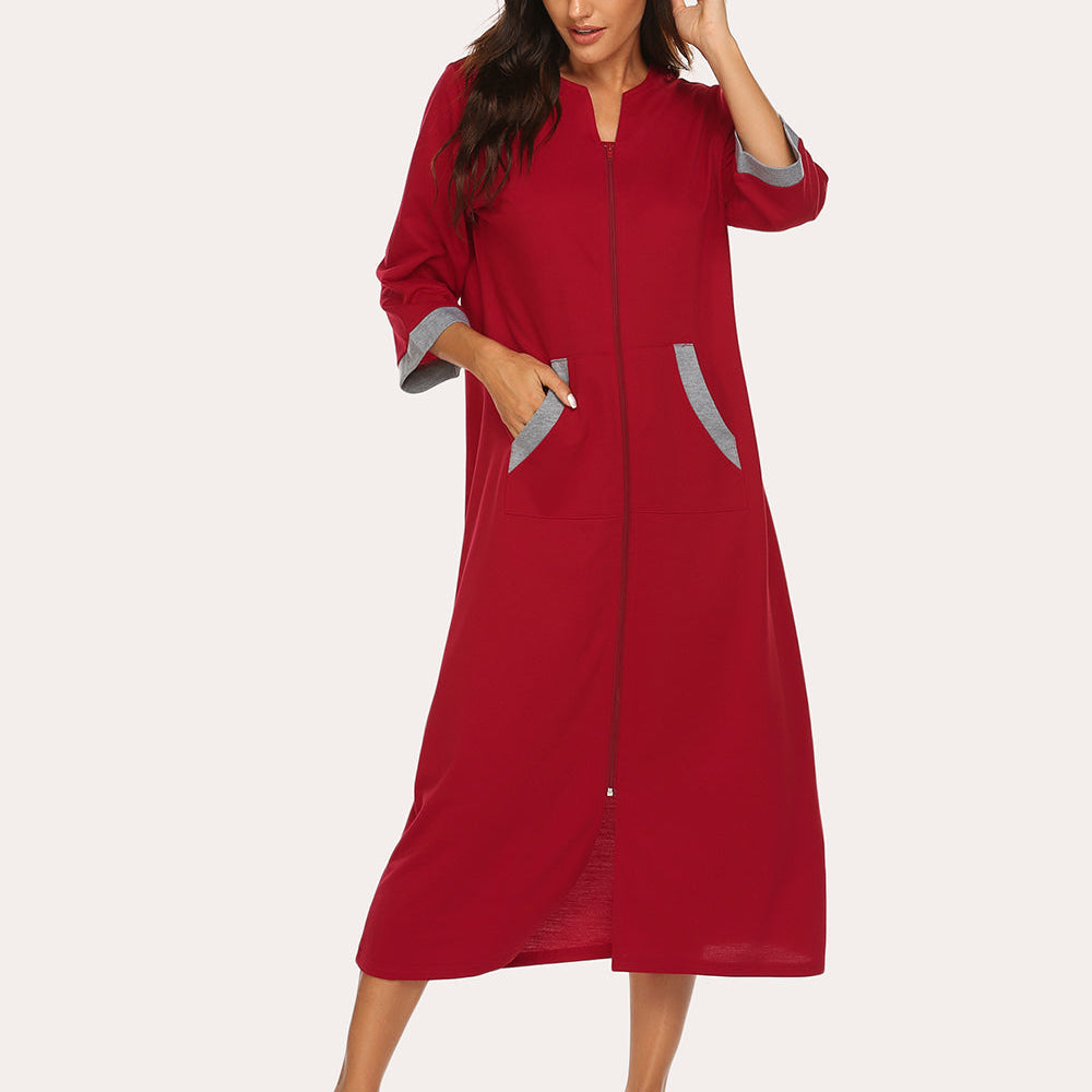 Wine red zip-front nightgown robe with 3/4 sleeves and patch pockets