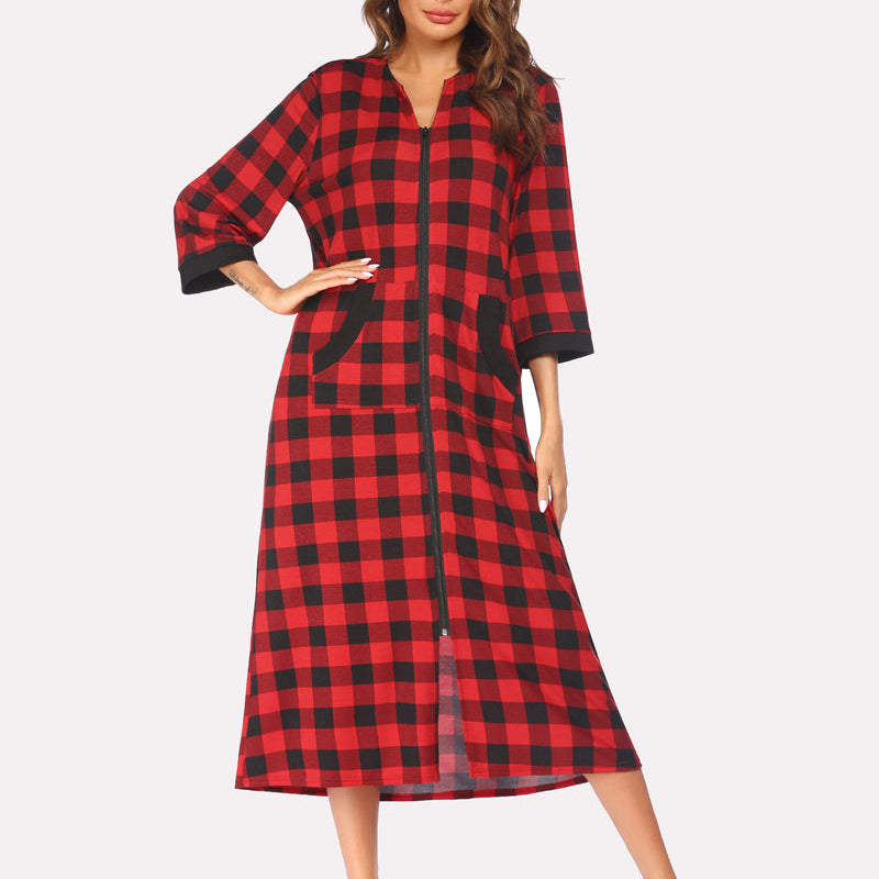 Red and black plaid zip-front nightgown robe with 3/4 sleeves