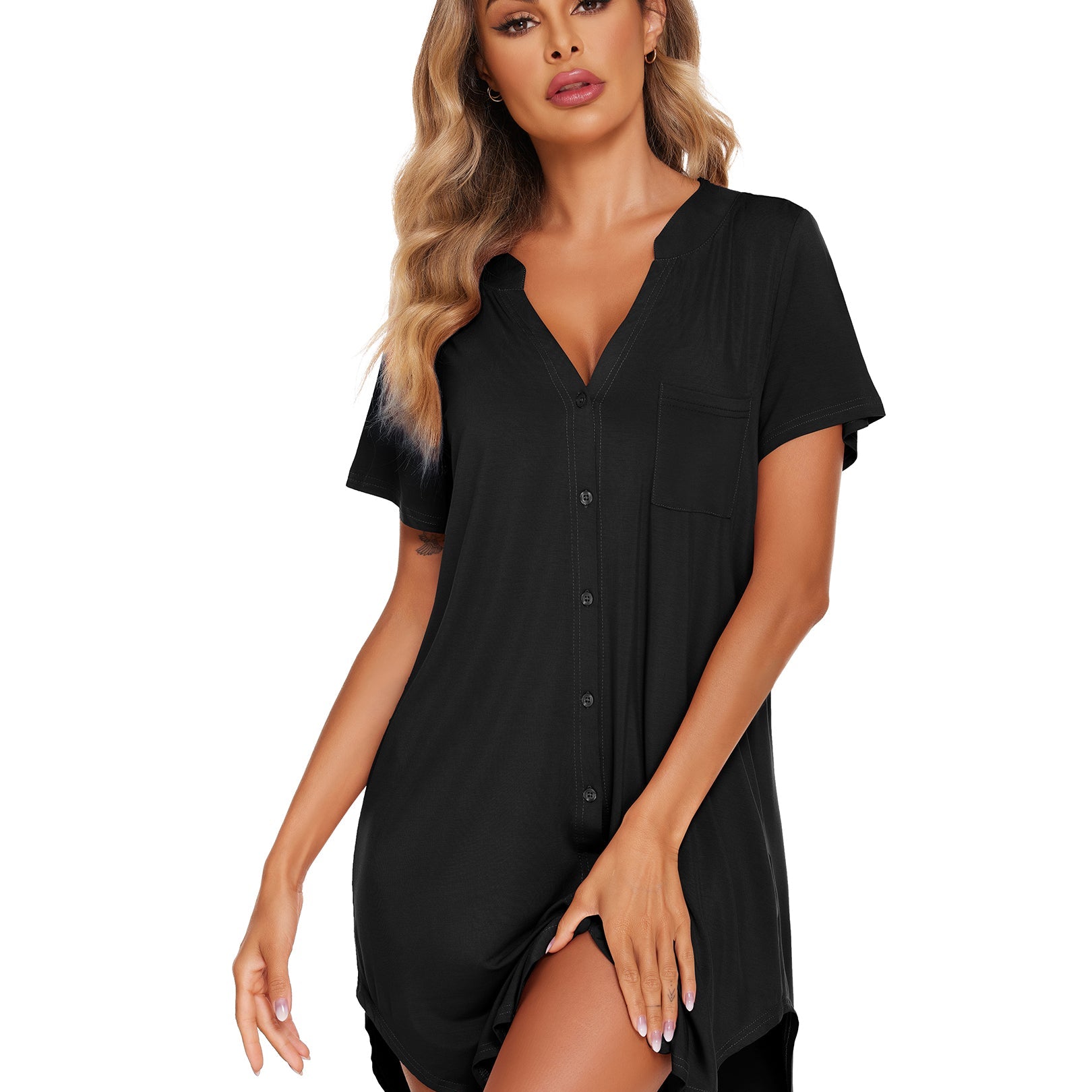 V-neck button-front teddy nightgown with short sleeves and chest pocket, black