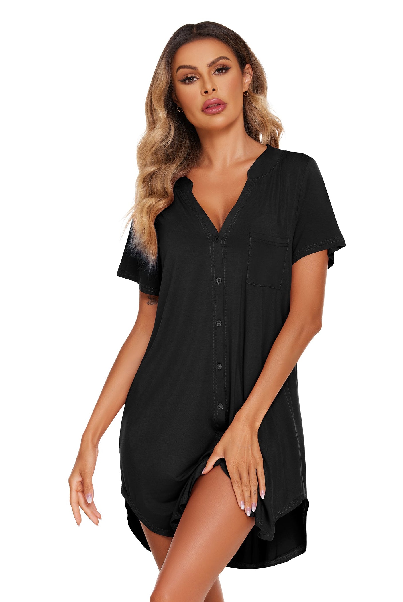 V-neck button-front teddy nightgown with short sleeves and chest pocket, black