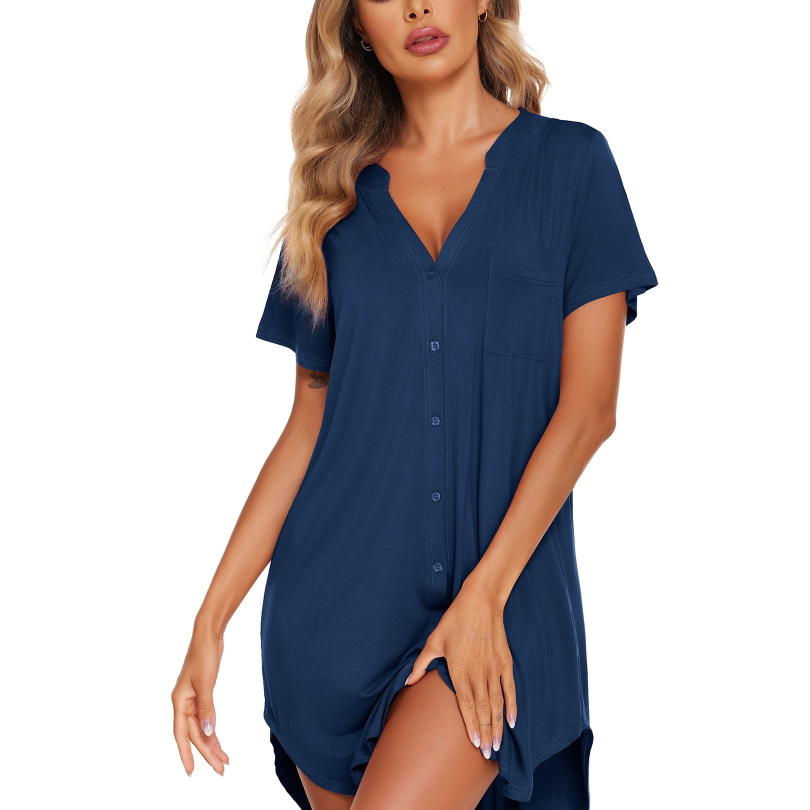 V-neck button-front teddy nightgown with short sleeves and chest pocket, blue