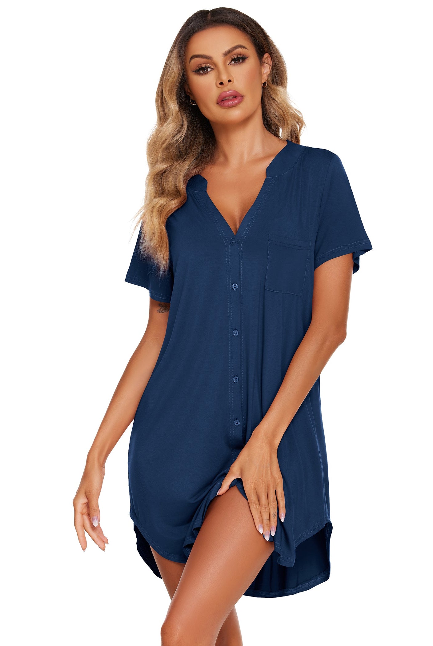 V-neck button-front teddy nightgown with short sleeves and chest pocket, blue