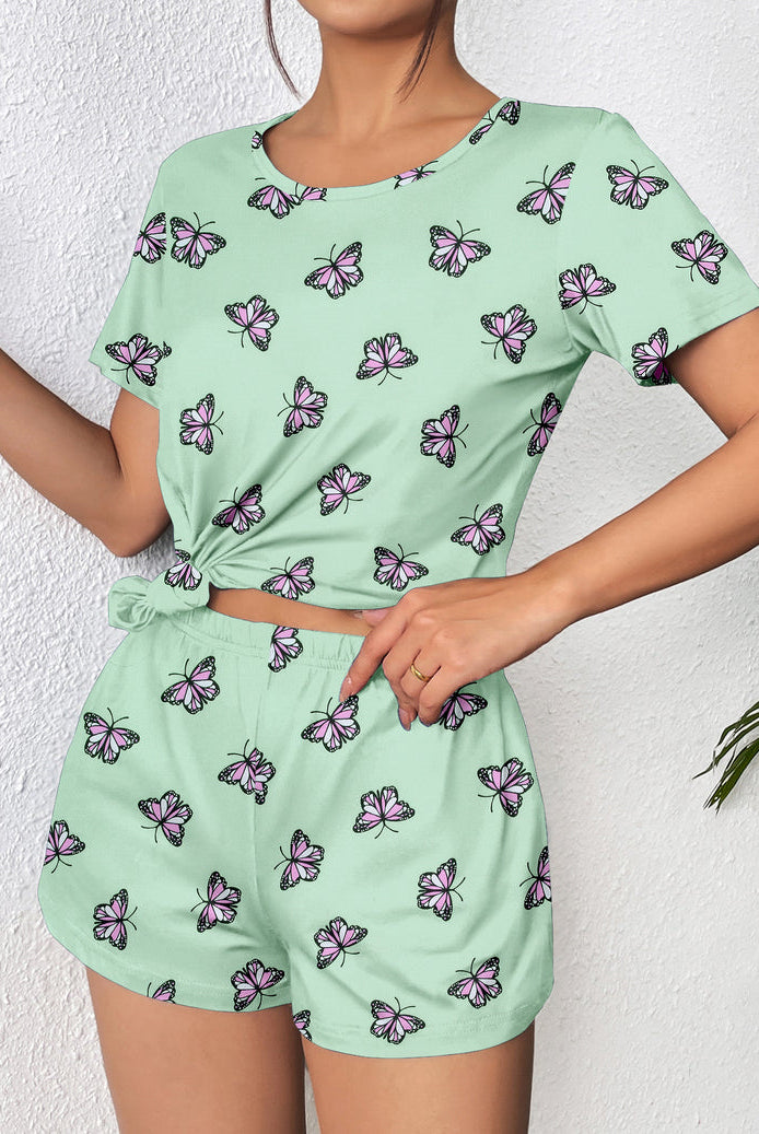 Mint green butterfly short-sleeve pajama set with matching shorts, 2-piece lounge outfit