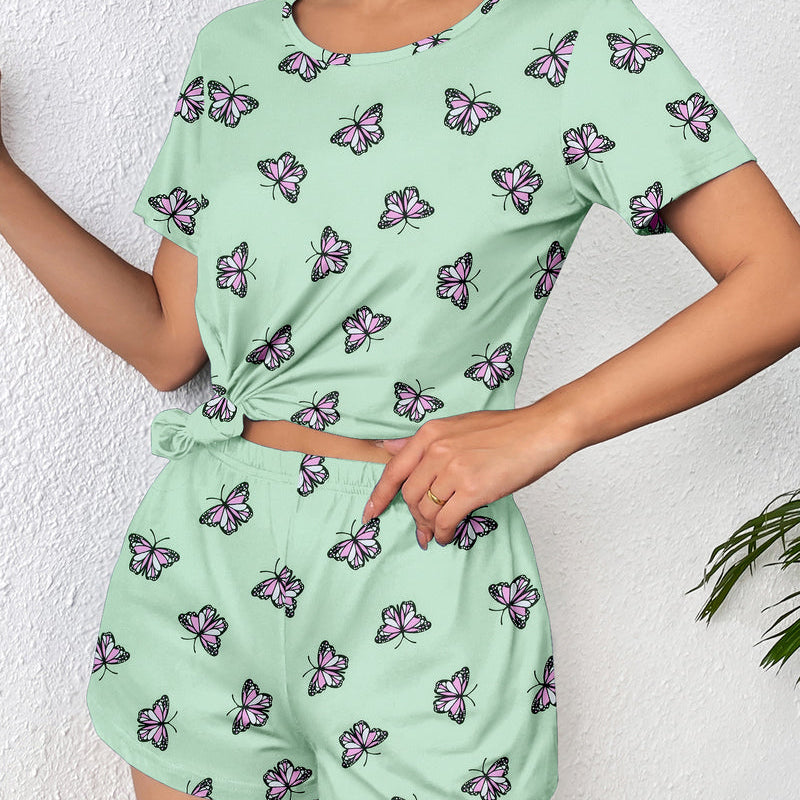 Mint green butterfly short-sleeve pajama set with matching shorts, 2-piece lounge outfit