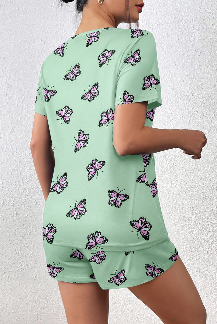 Mint green butterfly short-sleeve pajama set with matching shorts, back view, 2-piece