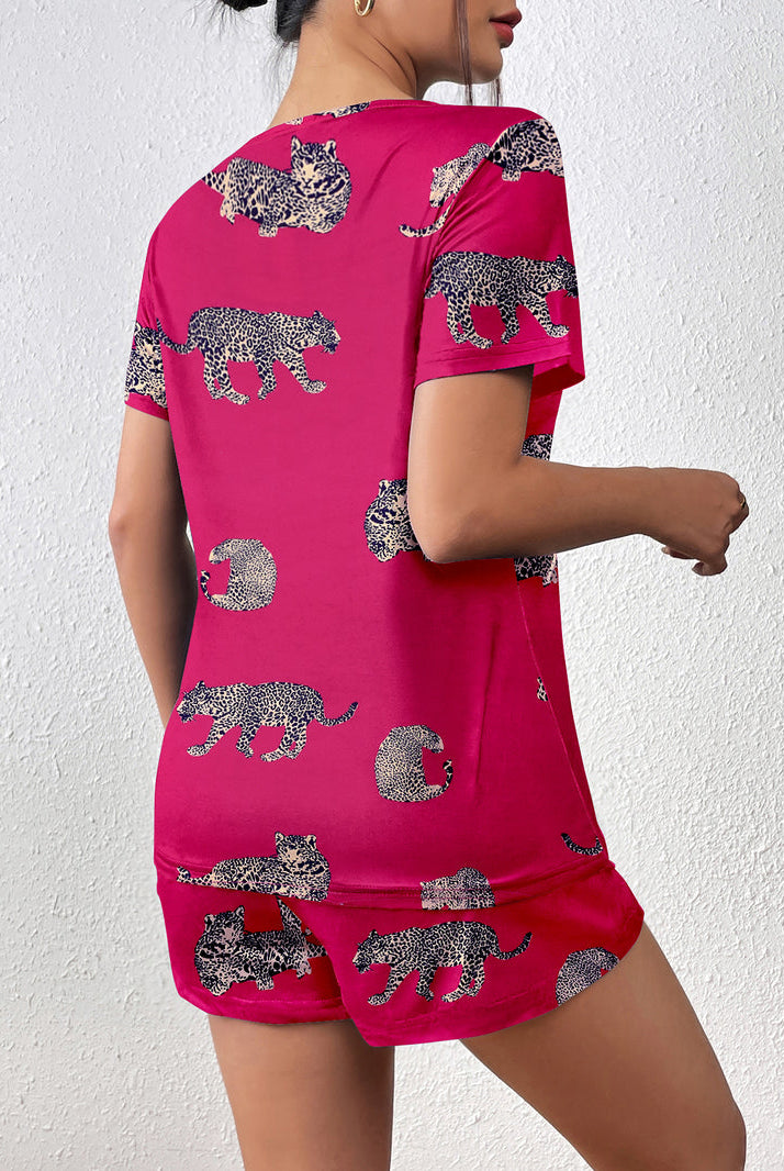Fuchsia leopard cat short-sleeve pajama set with matching shorts, 2-piece lounge set