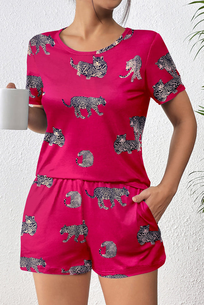 Fuchsia leopard cat short-sleeve pajama set with matching shorts, front view, 2-piece