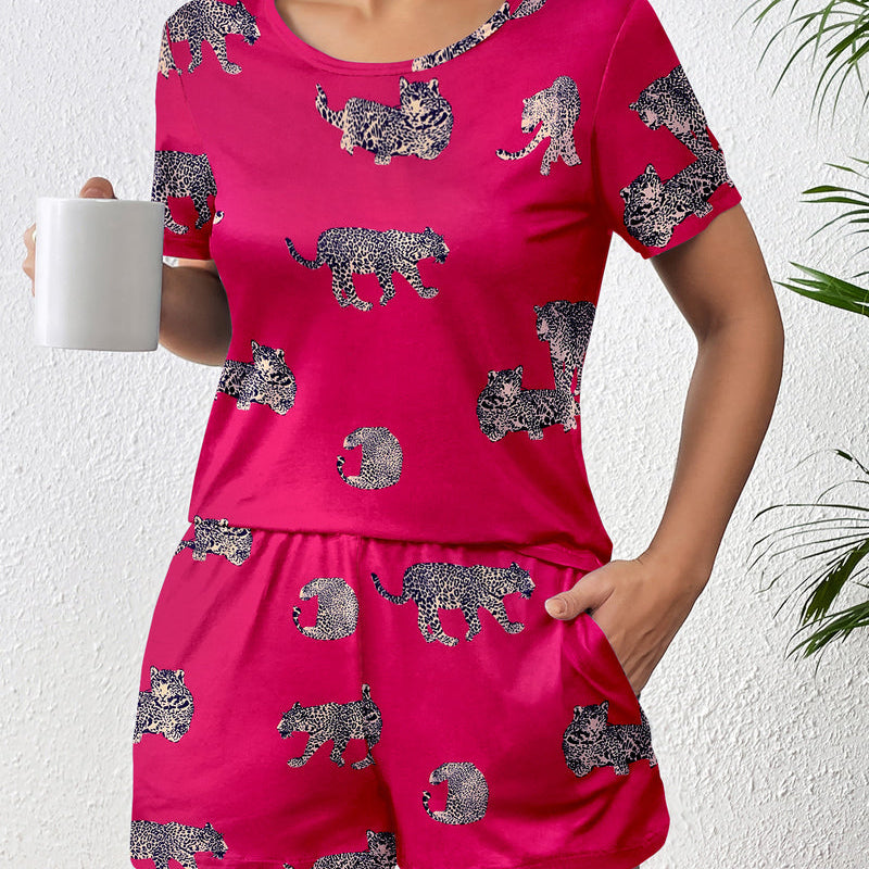 Fuchsia leopard cat short-sleeve pajama set with matching shorts, front view, 2-piece