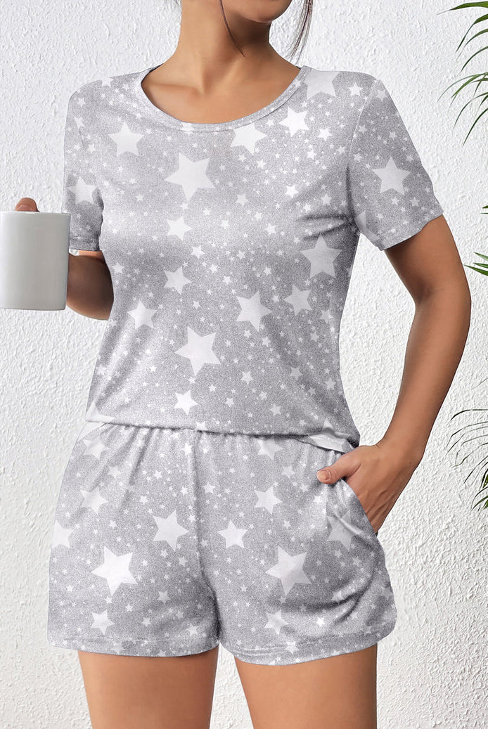 Light gray star short-sleeve pajama set with matching shorts, 2-piece lounge outfit