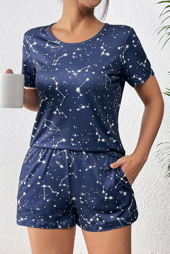 Navy short-sleeve pajama set with white star and constellation print; matching shorts