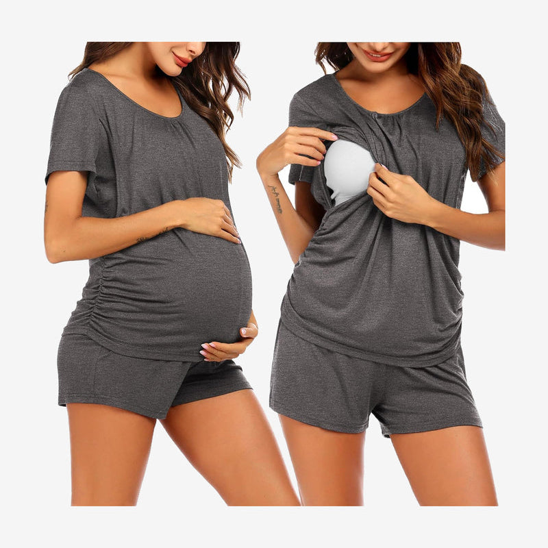 Maternity nursing lounge set in dark grey: short-sleeve tee and drawstring shorts