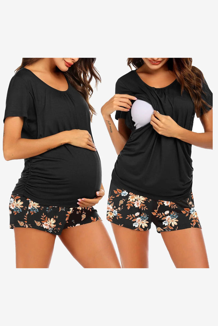 Maternity nursing lounge set in black: nursing tee with floral-print shorts