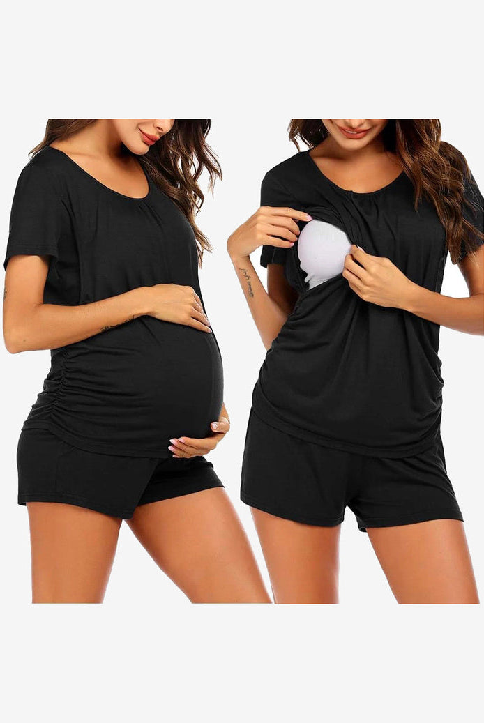 Maternity nursing lounge set in black: short-sleeve tee and drawstring shorts
