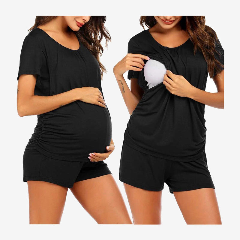 Maternity nursing lounge set in black: short-sleeve tee and drawstring shorts