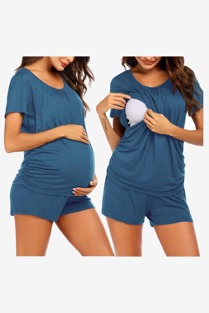Maternity nursing lounge set in blue: short-sleeve tee and matching shorts