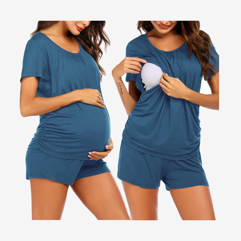 Maternity nursing lounge set in blue: short-sleeve tee and matching shorts