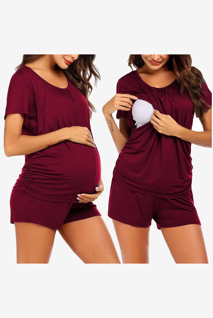 Maternity nursing lounge set in wine red: short-sleeve tee and matching shorts