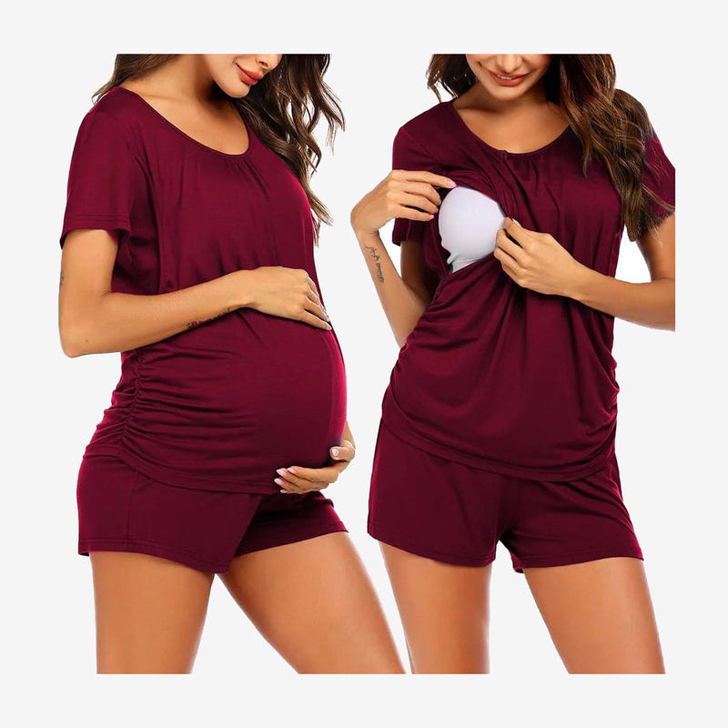 Maternity nursing lounge set in wine red: short-sleeve tee and matching shorts