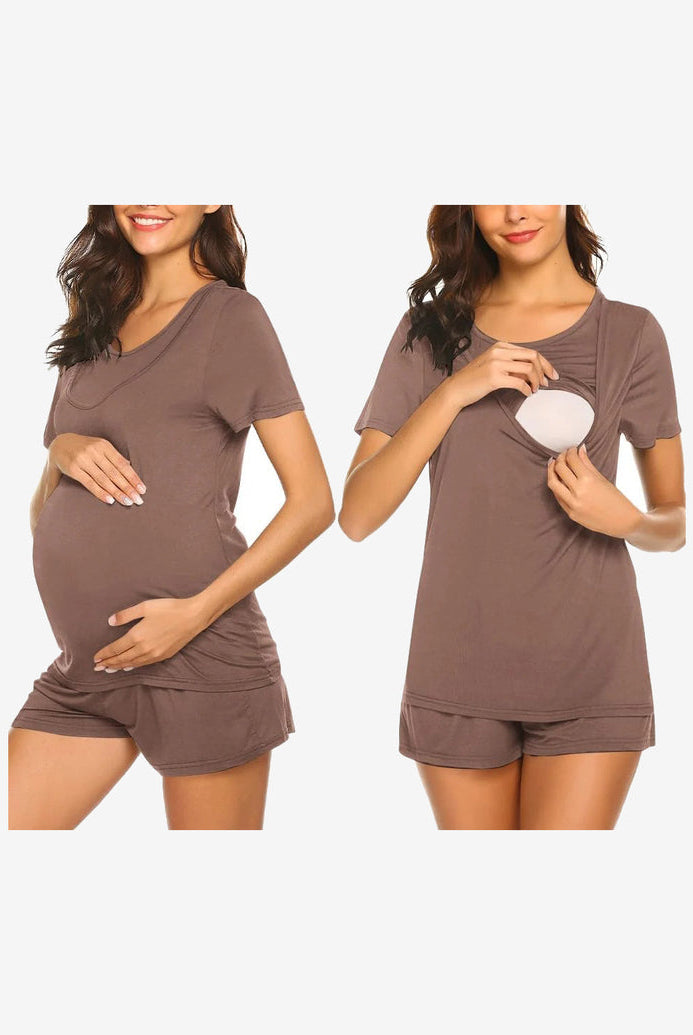 Maternity nursing lounge set in dark mauve, short-sleeve top with nursing flap and matching shorts