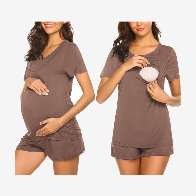 Maternity nursing lounge set in dark mauve, short-sleeve top with nursing flap and matching shorts