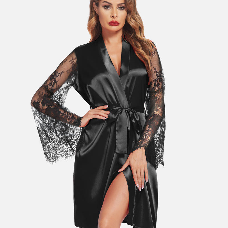 Black satin kimono robe with lace sleeves, bridal robe, elegant women's loungewear