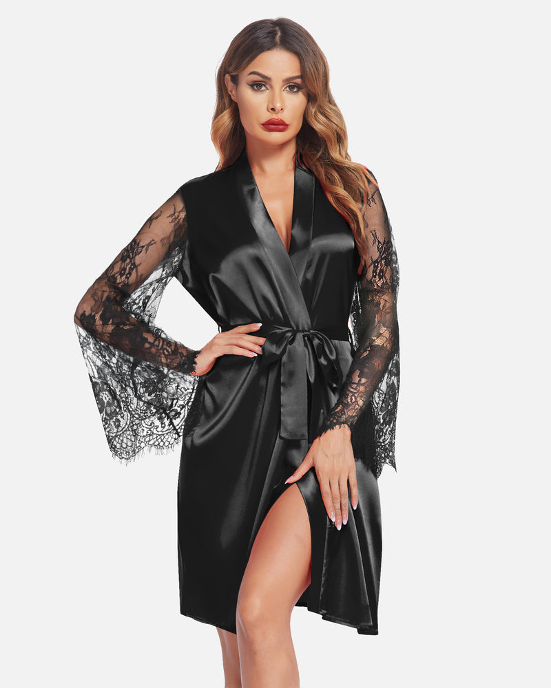 Black satin kimono robe with lace sleeves, bridal robe, elegant women's loungewear