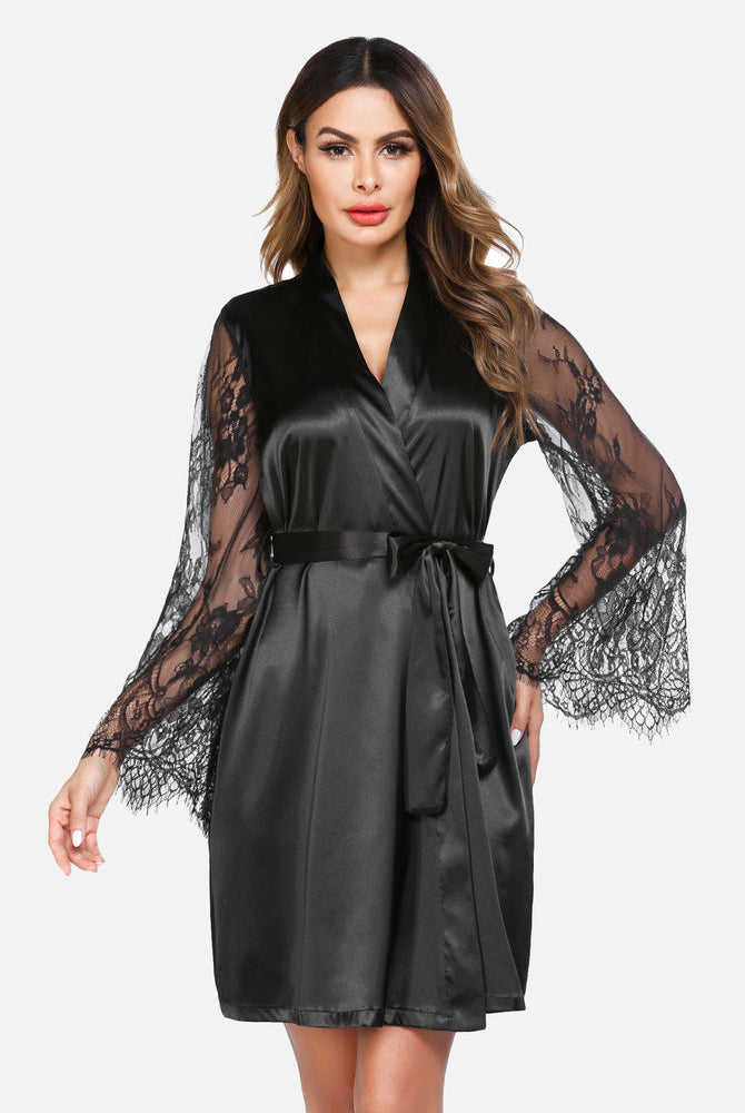 Black satin kimono robe with lace sleeves and belt, bridal or loungewear, elegant design
