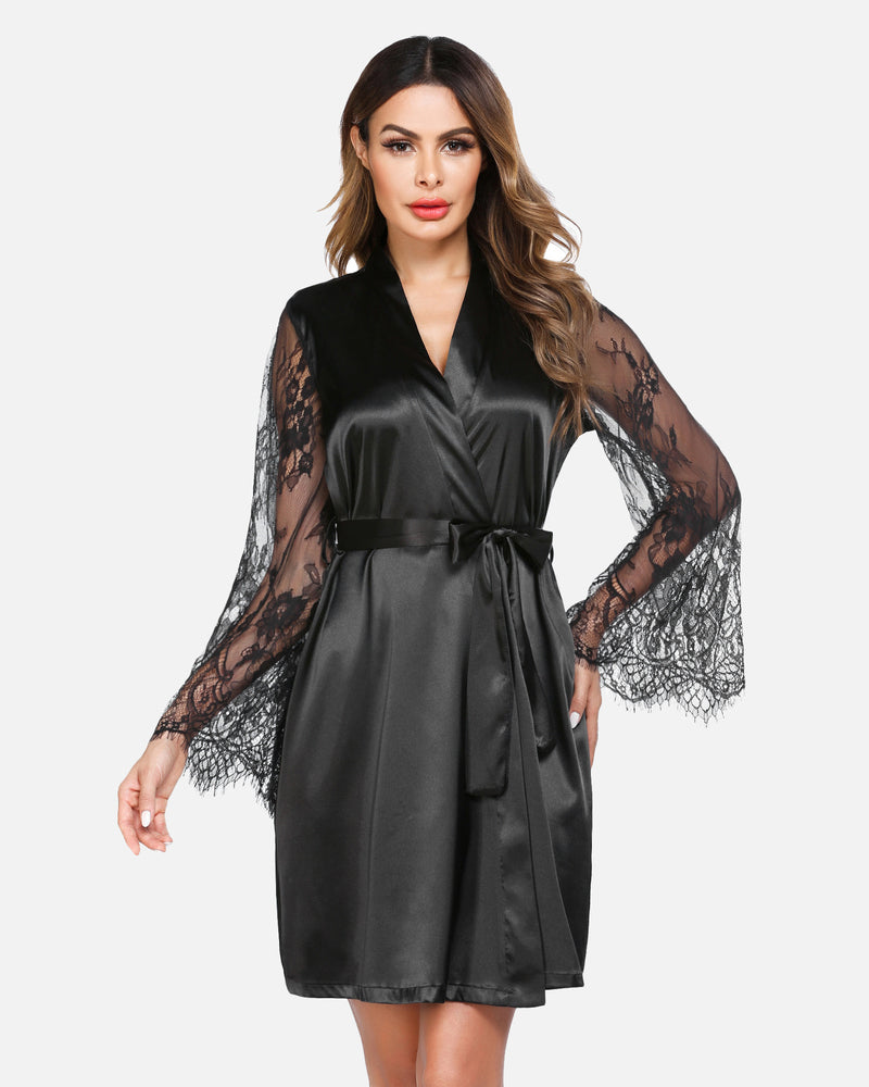 Black satin kimono robe with lace sleeves and belt, bridal or loungewear, elegant design