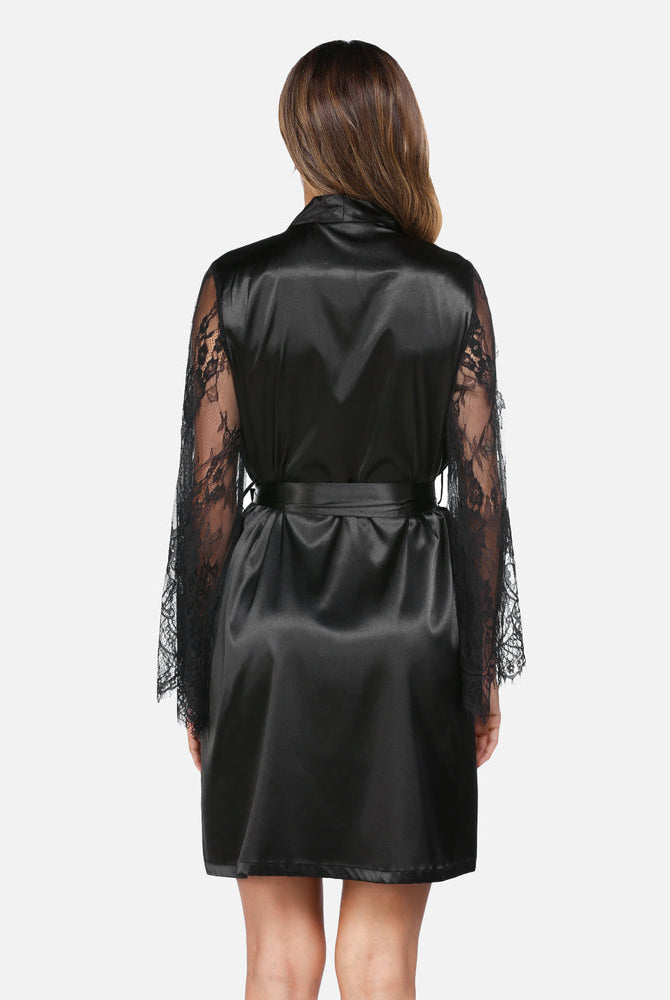 Black satin kimono robe with lace sleeves, bridal or loungewear, elegant design, rear view