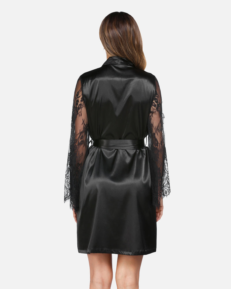 Black satin kimono robe with lace sleeves, bridal or loungewear, elegant design, rear view