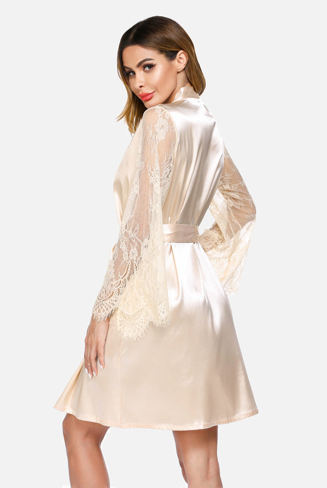 Champagne satin kimono robe with lace sleeves, elegant bridal loungewear, silk robe for women