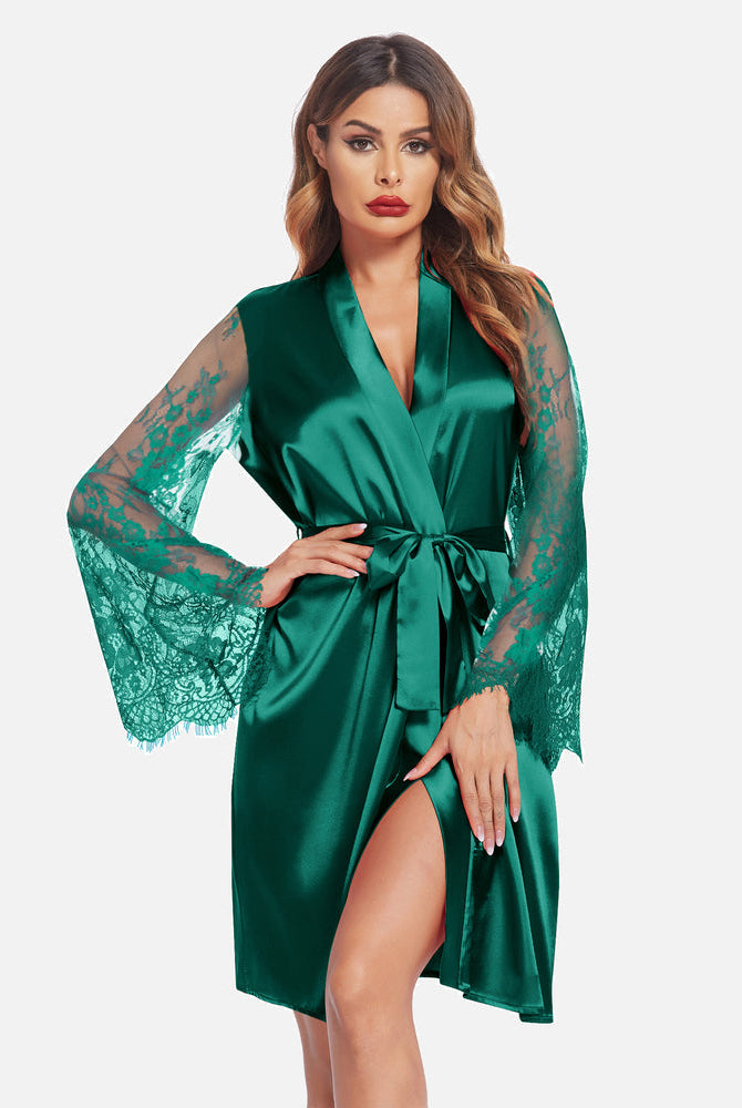 Teal satin kimono robe with lace sleeves, bridal or loungewear, elegant design
