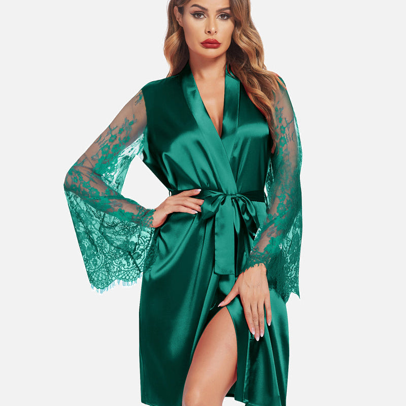 Teal satin kimono robe with lace sleeves, bridal or loungewear, elegant design
