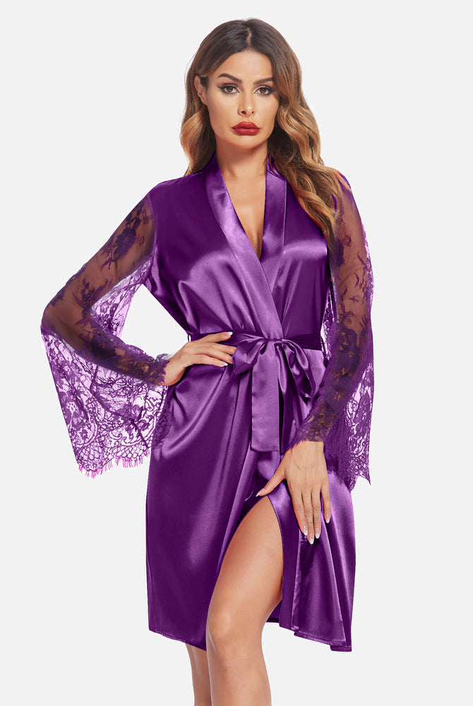 Purple satin kimono robe with lace sleeves, bridal or loungewear, elegant design