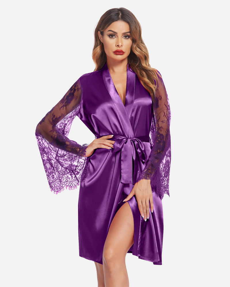 Purple satin kimono robe with lace sleeves, bridal or loungewear, elegant design