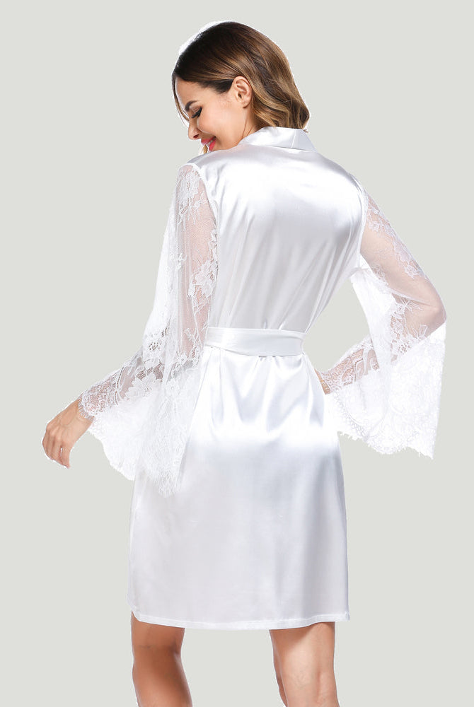 White satin kimono robe, lace sleeve detail, bridal loungewear, elegant design, silk robe for women.