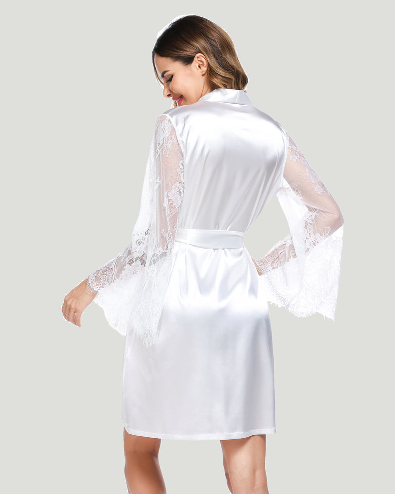White satin kimono robe, lace sleeve detail, bridal loungewear, elegant design, silk robe for women.