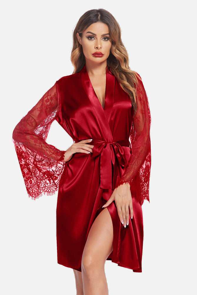 Red satin kimono robe with lace sleeves, bridal or loungewear, elegant design, silk robe for women