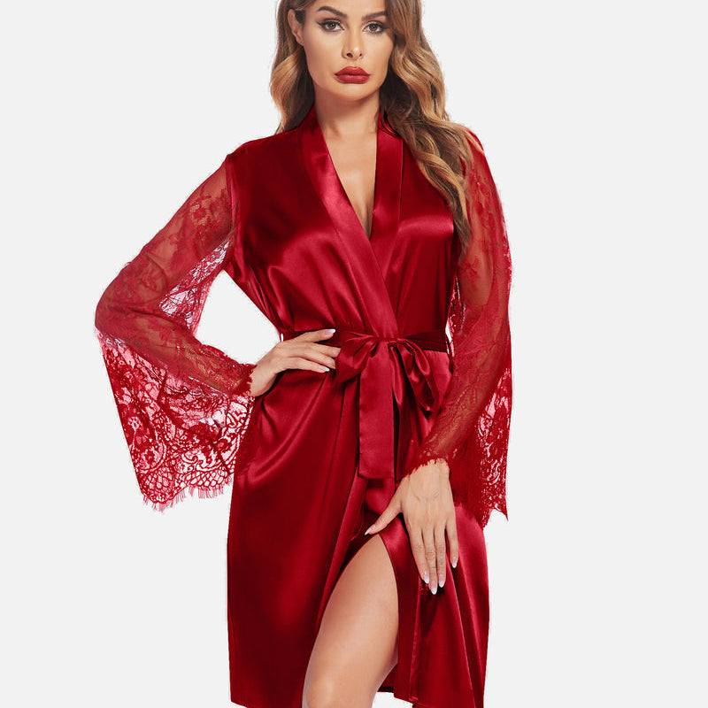 Red satin kimono robe with lace sleeves, bridal or loungewear, elegant design, silk robe for women