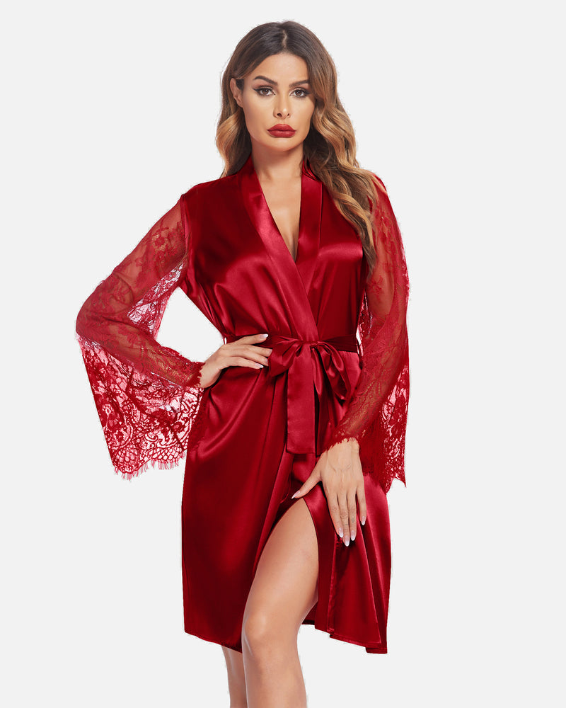 Red satin kimono robe with lace sleeves, bridal or loungewear, elegant design, silk robe for women