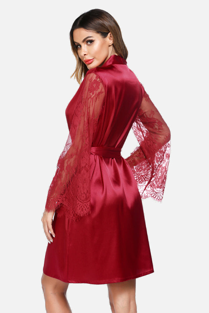 Red satin kimono robe with lace sleeves, bridal loungewear, elegant silk robe for women