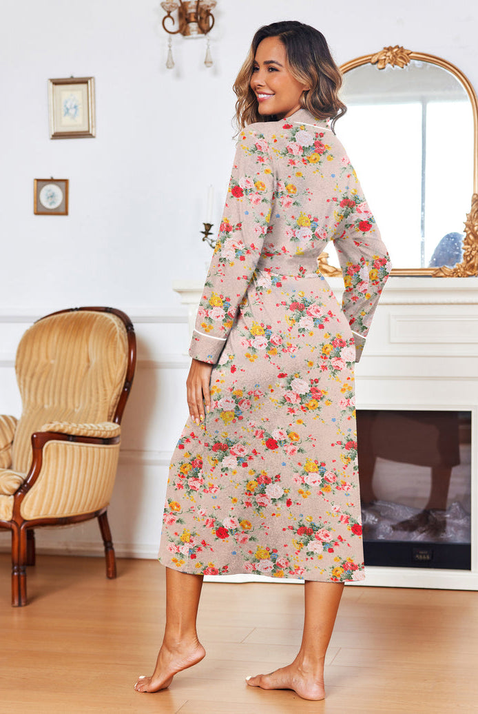 Full-length floral beige knit bathrobe, V-backless V-neck, long sleeves, belted waist