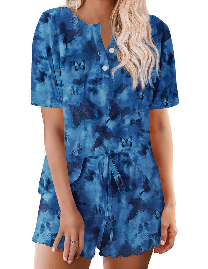 Women’s blue tie-dye pajama set, short-sleeve button-up top with V-neck and matching shorts