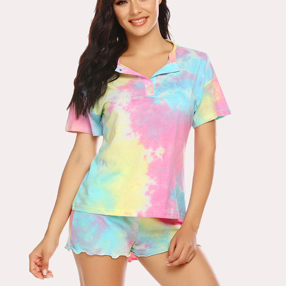 Tie-dye pajama set: short-sleeve button henley top and scalloped shorts, pastel
