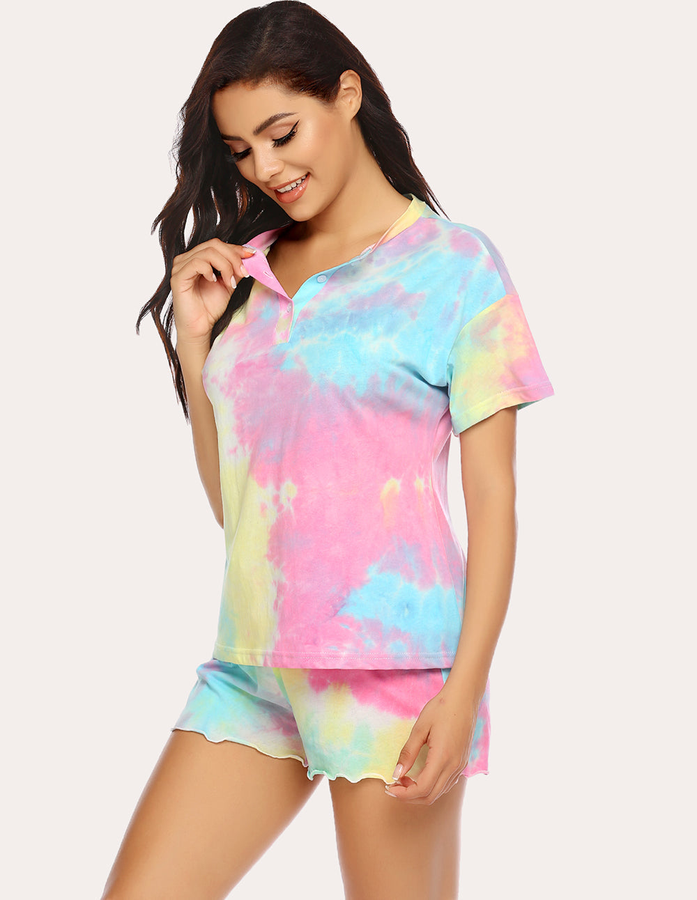 Tie-dye pajama set with short-sleeve button top and scalloped shorts, pastel