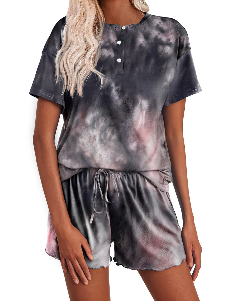 Women’s tie-dye pajama set in dark gray with subtle green and purple; button short-sleeve top, drawstring shorts