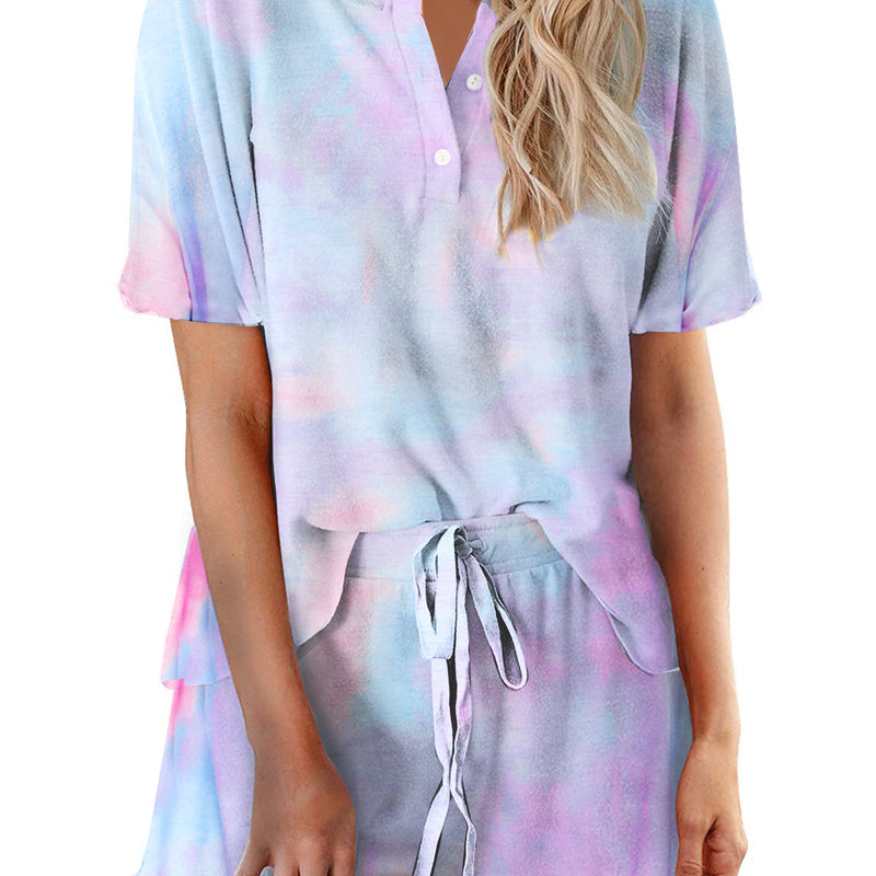 Women’s pastel tie-dye pajama set with short-sleeve button top and matching drawstring shorts
