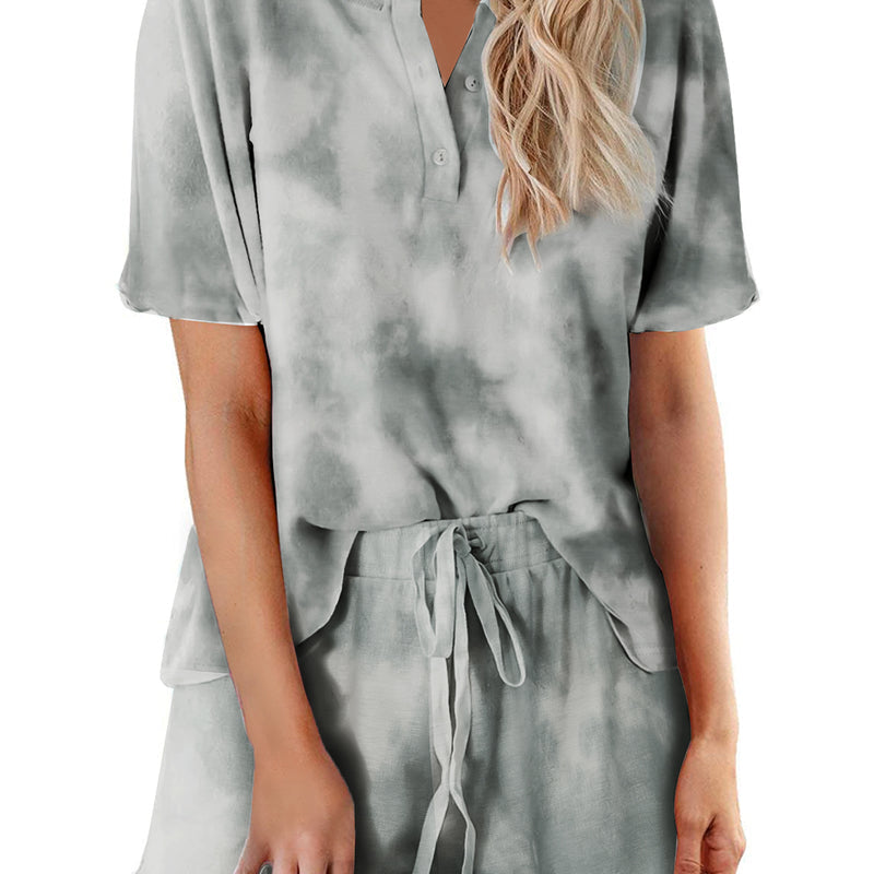 Women’s gray-green tie-dye pajama set with short-sleeve button-up top and matching drawstring shorts