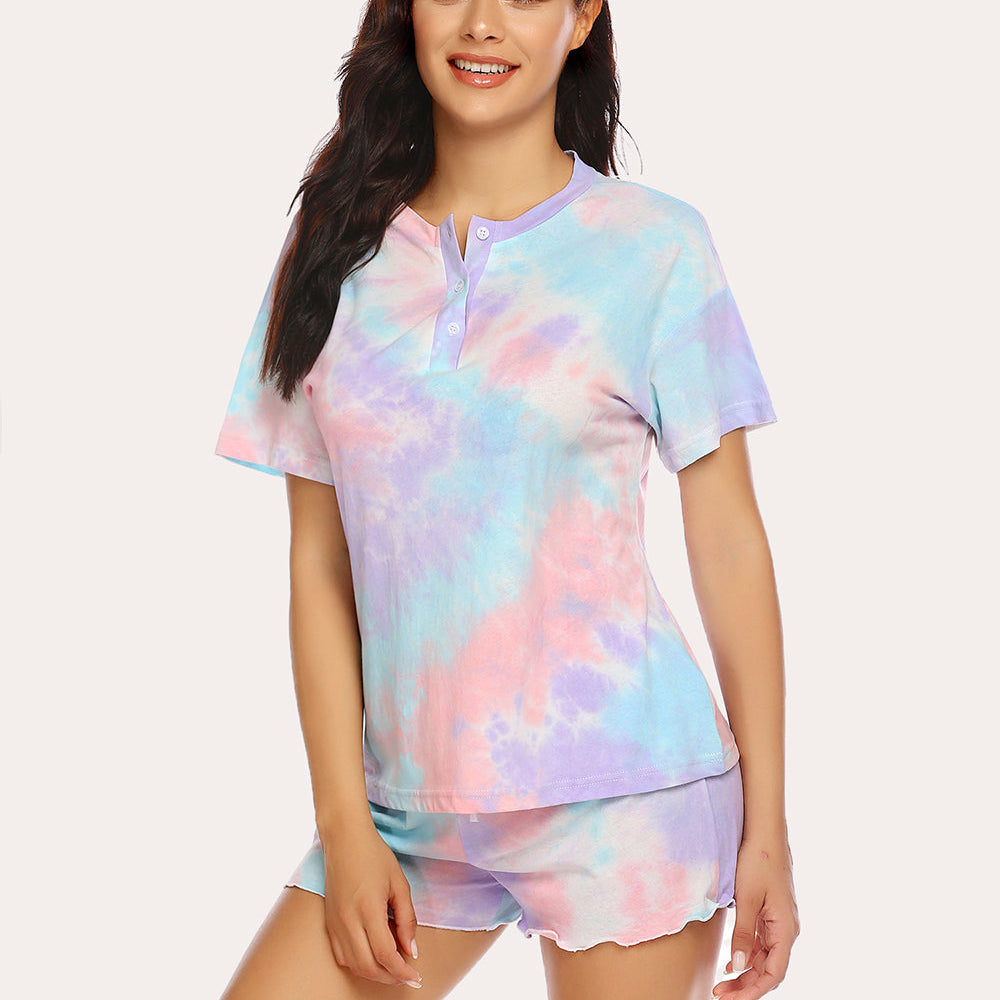 Tie-dye pajama set with button-front short-sleeve top and ruffled hem shorts, pastel