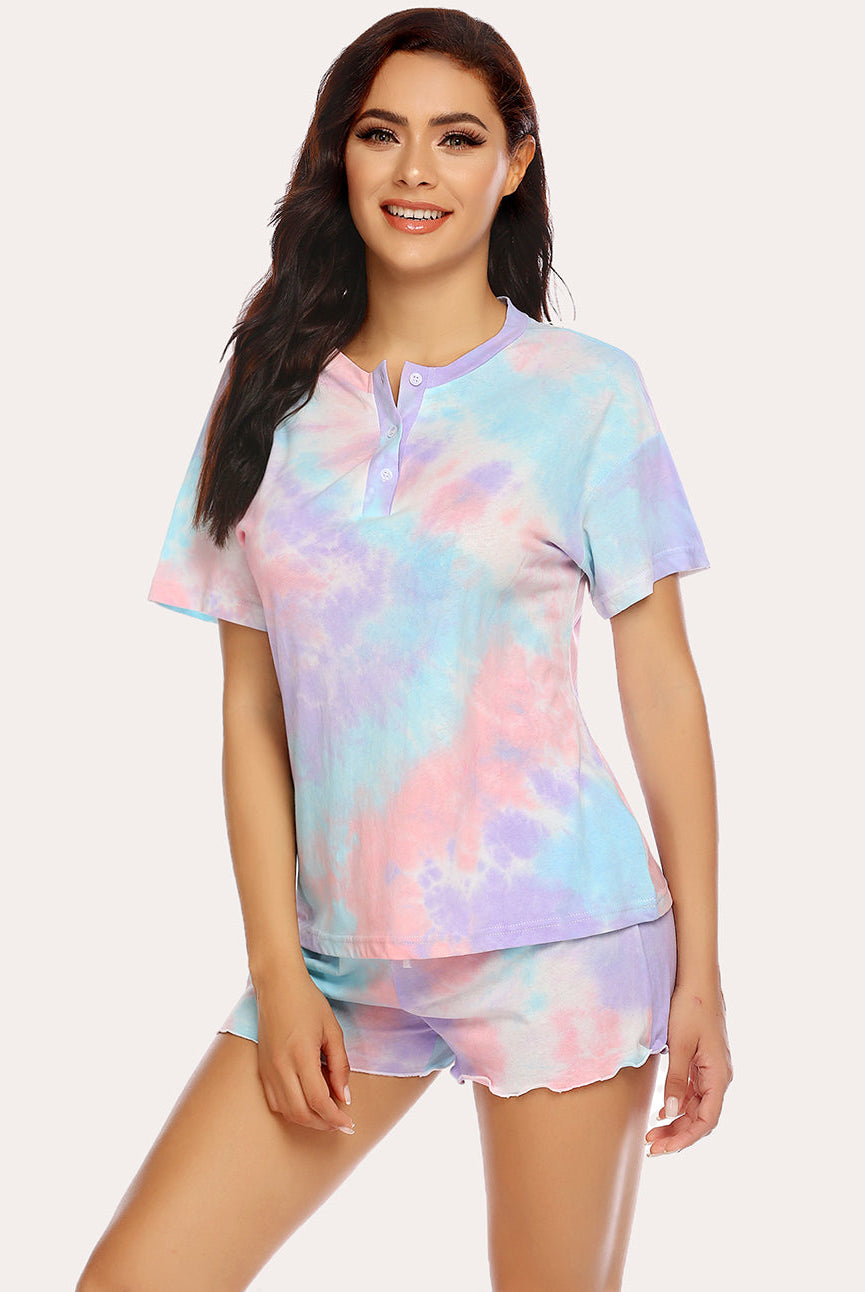 Tie-dye pajama set with button-front short-sleeve top and ruffled hem shorts, pastel